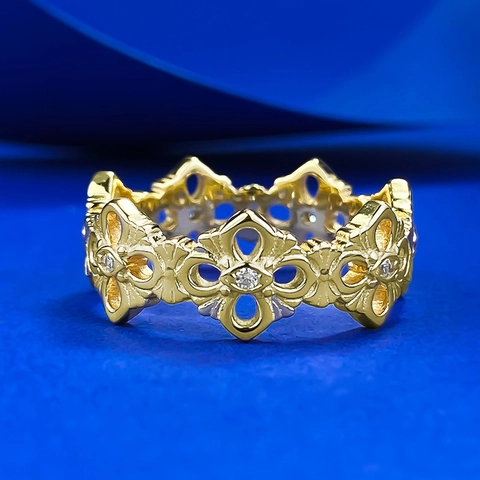 Vintage 925 Sterling Silver Gold Plated Hollow Floral Crown Ring For Women Rhinestone Inlaid Luxury Fashion Jewelry