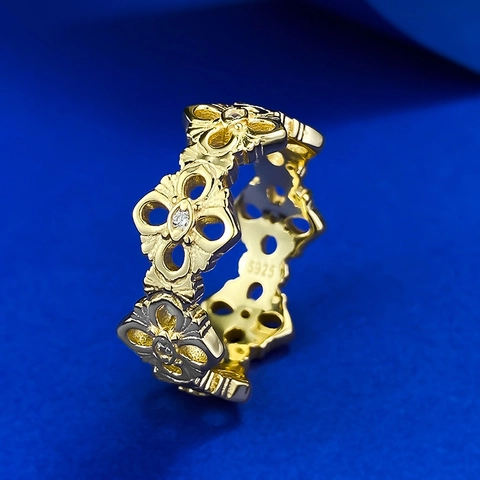 Vintage 925 Sterling Silver Gold Plated Hollow Floral Crown Ring For Women Rhinestone Inlaid Luxury Fashion Jewelry
