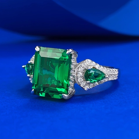 925 Sterling Silver Emerald Cut Artificial Emerald Ring Geometric Inlaid Rhinestone Rings For Women Luxury Jewelry Gift