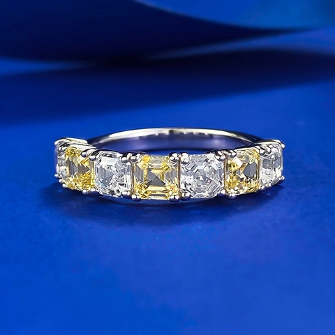 Anello Eternity in Argento Sterling 925 per Donna Giallo Bianco Taglio Smeraldo Strass Intarsiato Anello da Dito Impilabile Gioielli