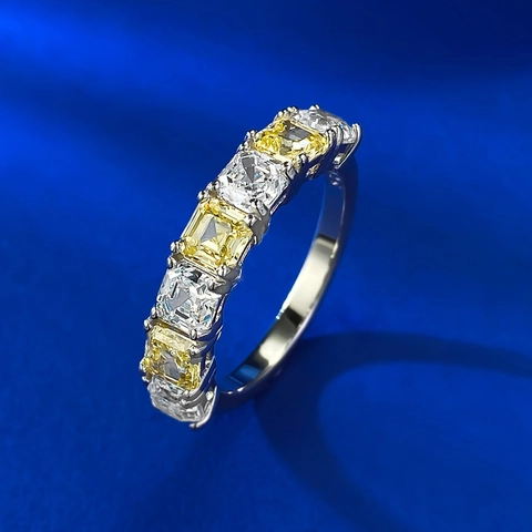 Anello Eternity in Argento Sterling 925 per Donna Giallo Bianco Taglio Smeraldo Strass Intarsiato Anello da Dito Impilabile Gioielli