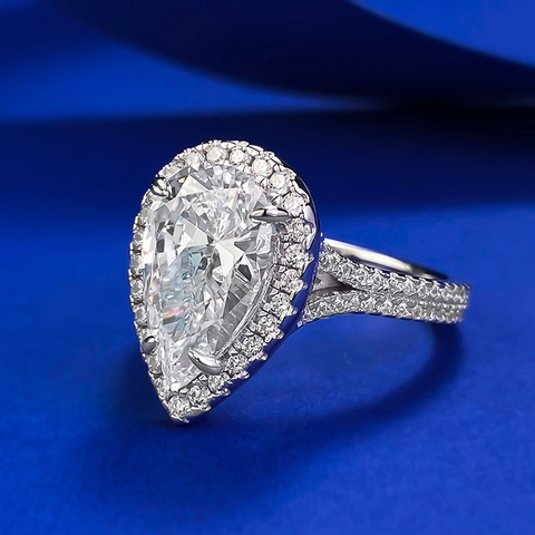 925 Sterling Silver Pear Shape Halo Ring Sparkling Rhinestone Inlaid Teardrop Engagement Wedding Ring For Women Fashion Jewelry