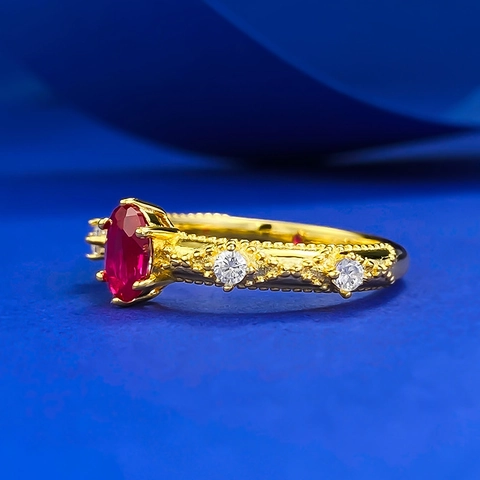 Vintage Französisch 925 Sterlingsilber Gold Vergoldet Taubenblutrot Oval Künstlicher Rubin Ring Mit Strass Akzenten Für Damen