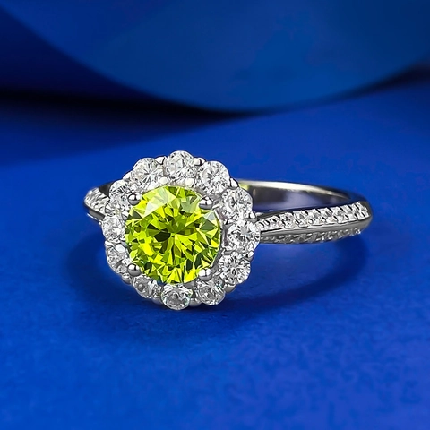 925 Sterlingsilber Apfelgrün Strass Halo Ring Für Damen Luxus Rund Cluster Verlobung Hochzeit Party Schmuck Vingerring