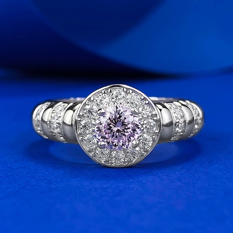 925 Sterlingsilber Runder Rosa Strass Ring Für Damen Eleganter Halo Geometrisches Design Mode Finger Schmuck Hochzeit Party Geschenk