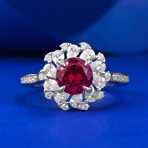 S925 Sterling Silver Flower Ring For Women With Pigeon Blood Red Rhinestone Luxurious Wedding Engagement Jewelry Accessory
