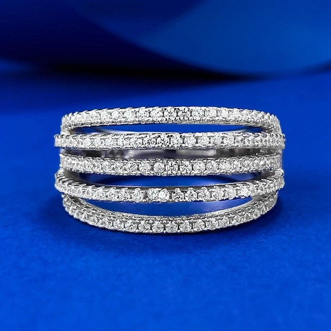 925 Sterling Silver Ring Five Row Multi Layer Wide Band Ring Pavé White Rhinestone Fashion Jewelry For Women Wedding Party