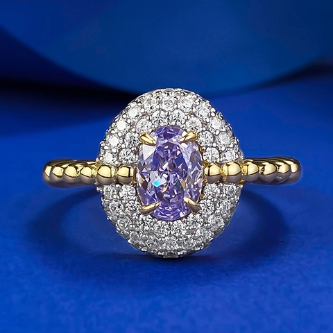S925 Sterling Silver Gold Plated Purple Oval Zirconia Ring Vintage Beaded Band Double Halo Fashion Wedding Party Women Jewelry