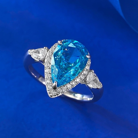 925 Sterling Silver Pear Cut Sea Blue Rhinestone Ring For Women Elegant Halo Teardrop Finger Ring Luxury Wedding Jewelry