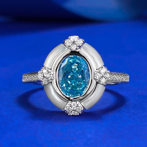 Luxury S925 Sterling Silver Sea Blue Rhinestone Ring For Women Elegant Oval Cut Engagement Wedding Finger Ring Jewelry