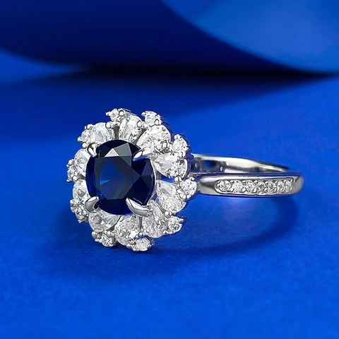925 Sterling Silver Blue Corundum Rhinestone Ring Elegant Round Floral Cluster Inlaid Halo Wedding Finger Ring For Women