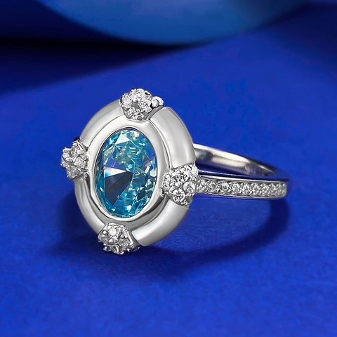Luxury S925 Sterling Silver Sea Blue Rhinestone Ring For Women Elegant Oval Cut Engagement Wedding Finger Ring Jewelry