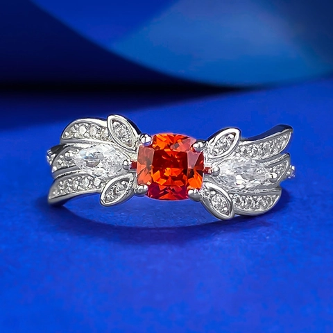 925 Sterling Silver Orange Square Gemstone Ring Women Rhinestone Butterfly Wing Elegant Fashion Finger Ring Jewelry Gift
