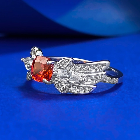 925 Sterling Silver Orange Square Gemstone Ring Women Rhinestone Butterfly Wing Elegant Fashion Finger Ring Jewelry Gift