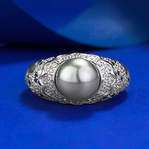 Luxuriöser 925 Sterlingsilber Graue Künstliche Perle Ring Für Damen Pave Strass Wellenband Geometrisches Design Schmuck