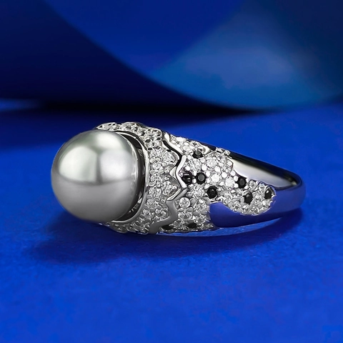 Luxuriöser 925 Sterlingsilber Graue Künstliche Perle Ring Für Damen Pave Strass Wellenband Geometrisches Design Schmuck
