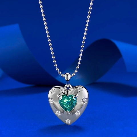 Luxury 925 Sterling Silver Heart Pendant Necklace For Women Green Paraiba Color Heart Stone With Rhinestone Star Accents Ball Chain