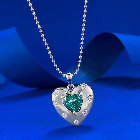 Luxury 925 Sterling Silver Heart Pendant Necklace For Women Green Paraiba Color Heart Stone With Rhinestone Star Accents Ball Chain