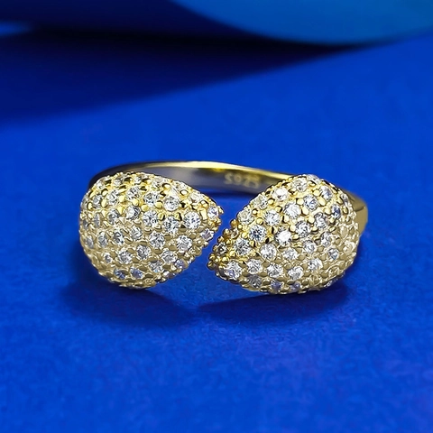 Bohemian 925 Sterling Silver Open Ring For Women Luxury Full Rhinestone Inlaid Double Water Drop Adjustable Fashion Finger Jewelry