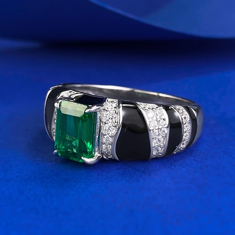 925 Sterlingsilber Ring Smaragdschliff Herren Damen Rechteck Grüner Edelstein Schwarze Emaille Strass Inlay Schmuck