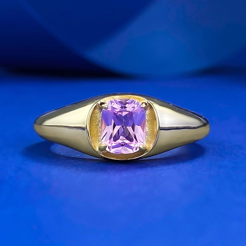 925 Sterling Silver Ring With Square Pink Rhinestone Gold Plated Wide Band Signet Fashion Jewelry For Women Daily Wear
