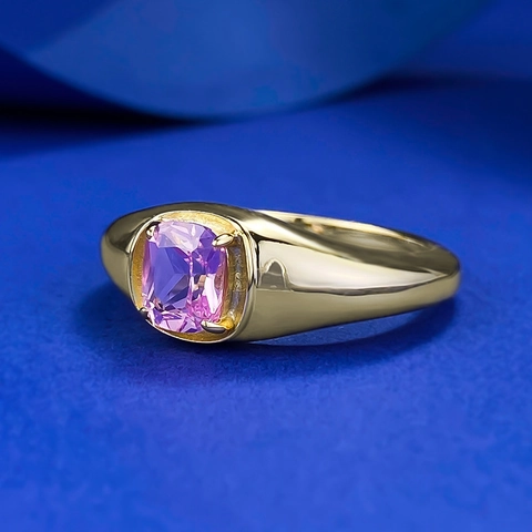 925 Sterling Silver Ring With Square Pink Rhinestone Gold Plated Wide Band Signet Fashion Jewelry For Women Daily Wear