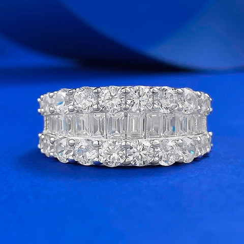 Luxurious 925 Sterling Silver Triple Row Ring For Women Baguette Cut And Round Rhinestone Pavé Eternity Band Finger Ring