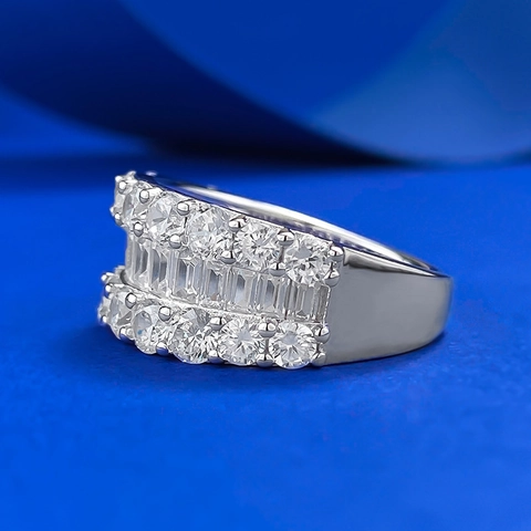 Luxurious 925 Sterling Silver Triple Row Ring For Women Baguette Cut And Round Rhinestone Pavé Eternity Band Finger Ring