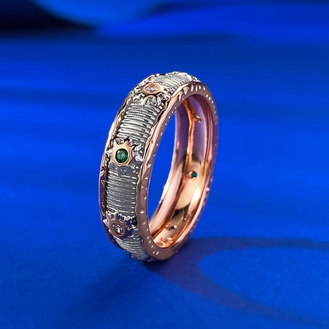 Luxury 925 Sterling Silver Ring For Women Italian Style Brushed Stripe Two Tone Gold Silver Inlaid Rhinestone Retro Fashion Jewelry Ring