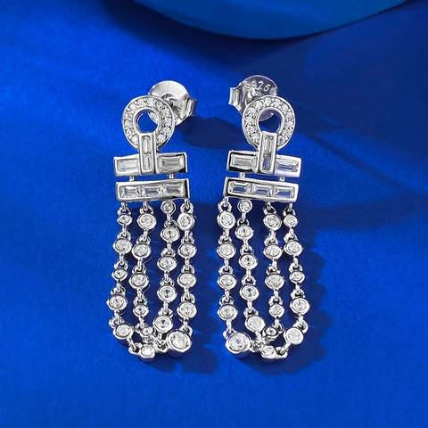 Lussuosi Orecchini a Pendente con Nappa in Argento Sterling 925 per Donna Geometrici Acchiappasogni Strass Lunghe Frange Matrimonio Festa Gioielli