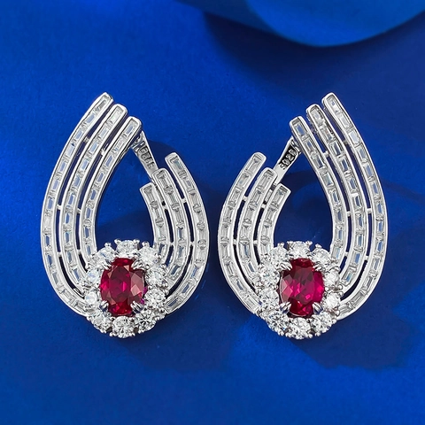 Lussuosi Orecchini a Bottone in Argento Sterling 925 Rosso Sangue di Piccione con Strass Eleganti Orecchini Intarsiati per Donna Banchetto Matrimonio