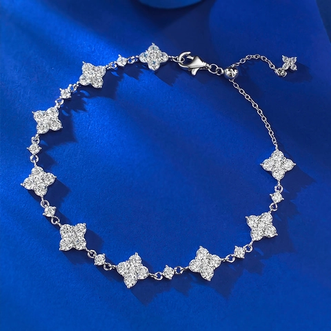 925 Sterling Silver Four Leaf Clover Flower Bracelet For Women Sparkling Rhinestone Inlaid Adjustable Chain Elegant Fashion Jewelry Gift