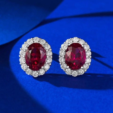 S925 Sterling Silver Pigeon Blood Red Oval Corundum Stud Earrings Rhinestone Halo Elegant Jewelry For Women Birthday Gift