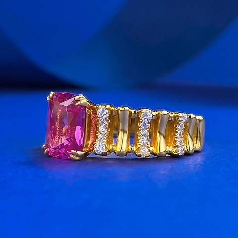Luxus 925 Sterlingsilber Ring Mit Rosa Rechteckigem Stein Vergoldet Wellenförmiges Band Strass Ring Für Damen Modeschmuck