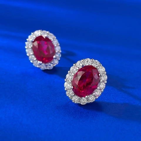 S925 Sterling Silver Pigeon Blood Red Oval Corundum Stud Earrings Rhinestone Halo Elegant Jewelry For Women Birthday Gift