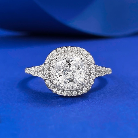Lussuoso Anello in Argento Sterling 925 con Taglio Cushion Doppio Halo e Strass per Donna Gioielli per Matrimonio e Anniversario