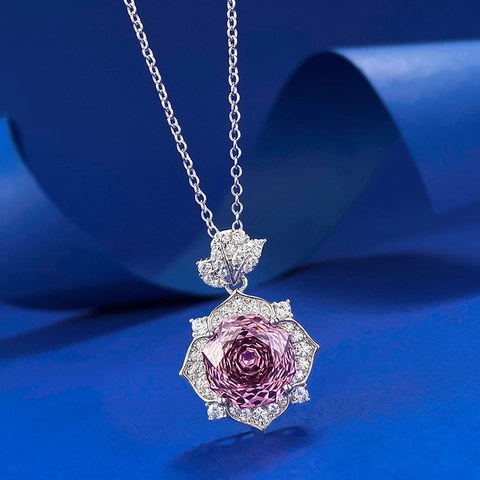 Collana con Ciondolo a Petalo di Rosa in Argento Sterling S925 per Donna Viola Rosa con Strass Intarsiati Gioielli Moda