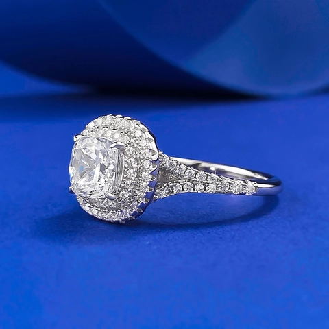 Lussuoso Anello in Argento Sterling 925 con Taglio Cushion Doppio Halo e Strass per Donna Gioielli per Matrimonio e Anniversario