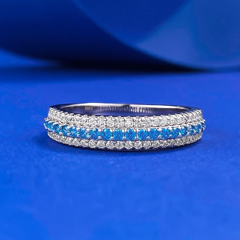 Anello in Argento Sterling 925 con Tripla Fila di Strass Blu Paraiba Eternity Band Donna Gioielli Moda Matrimonio Regalo