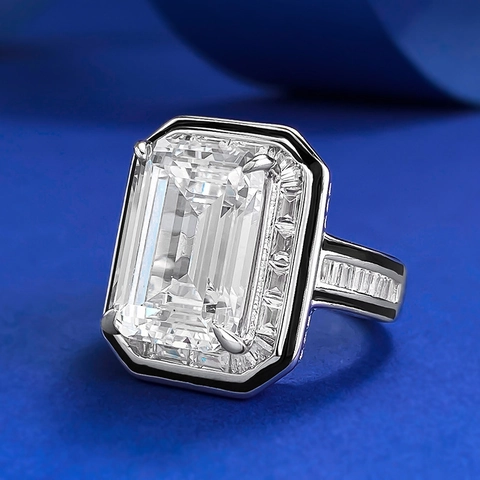 Lussuoso Anello in Argento Sterling 925 con Taglio Asscher Grande Strass Bianco per Donna Bordo in Smalto Nero Gioielli Geometrici