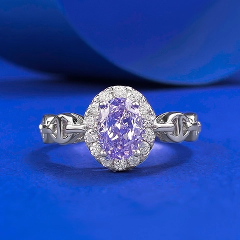 925 Sterling Silver Oval Purple Stone Ring Elegant Rhinestone Halo Hollow Chain Band Statement Jewelry For Women Gift