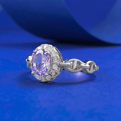 925 Sterling Silver Oval Purple Stone Ring Elegant Rhinestone Halo Hollow Chain Band Statement Jewelry For Women Gift