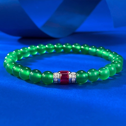 Pulsera de Cuentas de Calcedonia Verde de Plata de Ley 925 con Gema Roja Incrustada Estilo Chino Elegante Joyería para Mujer