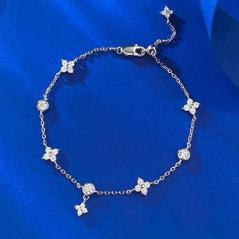 Pulsera de Plata de Ley 925 con Flor de Cuatro Pétalos para Mujer Pavé de Diamantes de Imitación Borla Pulsera Ajustable Elegante Boda Fiesta Joyería Regalo
