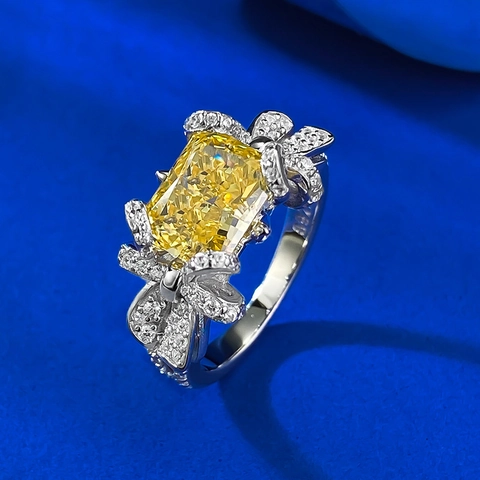 Lussuoso Anello in Argento Sterling 925 Con Strass Giallo e Fiocco Taglio Radiant Grande Pietra Preziosa Anello Con Fiocco Per Donna Gioielli per Feste di Matrimonio Regalo
