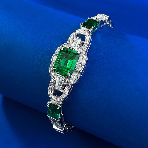 Luxury S925 Sterling Silver Simulated Emerald Bracelet Women Art Deco Vintage Geometric Rhinestone Inlaid Hand Jewelry