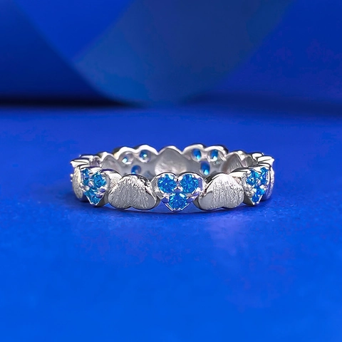 925 Sterlingsilber Seeblau Herz Eternity Ring Für Damen Gebürstetes Metall Strass Eingelegt Mode Pendler Schmuck Geschenk
