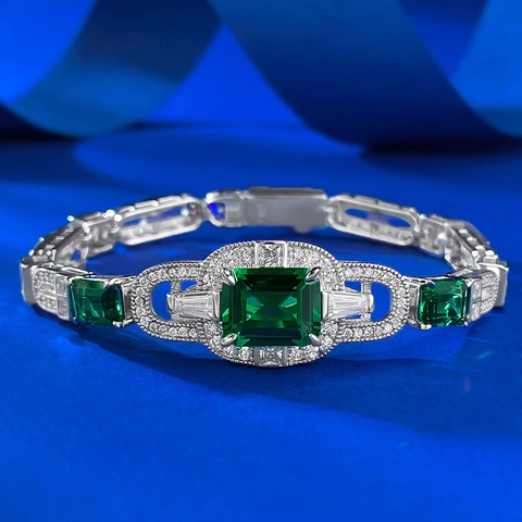 Luxury S925 Sterling Silver Simulated Emerald Bracelet Women Art Deco Vintage Geometric Rhinestone Inlaid Hand Jewelry