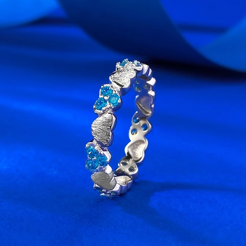 925 Sterlingsilber Seeblau Herz Eternity Ring Für Damen Gebürstetes Metall Strass Eingelegt Mode Pendler Schmuck Geschenk