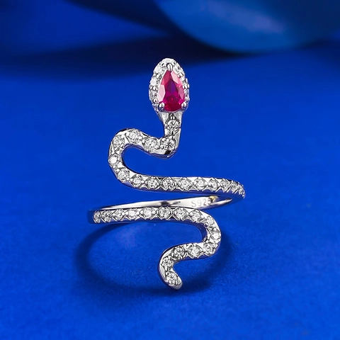 Anello Serpente in Argento Sterling 925 per Donna Con Strass Rosso Taglio a Pera Pavé di Strass Bianchi Gioielli Retro Moda